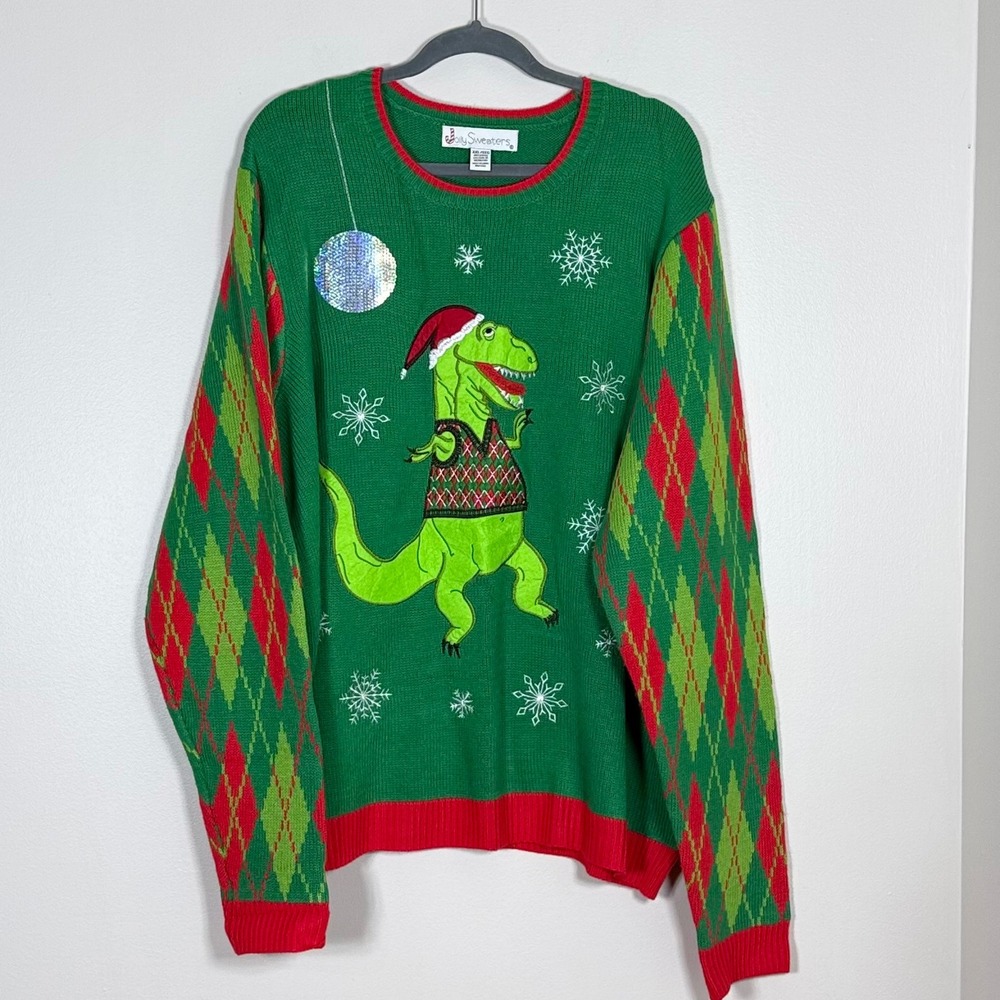 Jolly Sweaters Mens Dinosaur Christmas Holiday Sweater XXL Green Argyle Festive